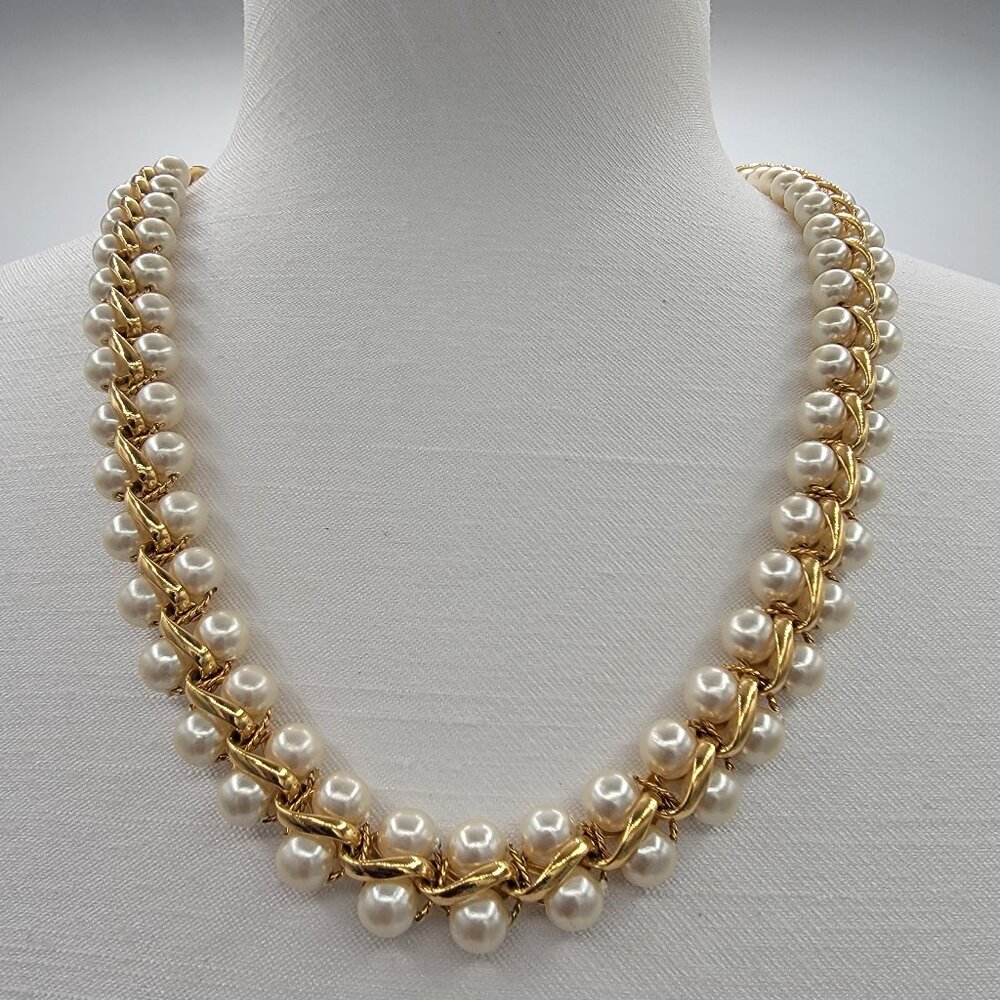 Vintage Napier Double Strand Faux Pearl Gold-tone Link Necklace